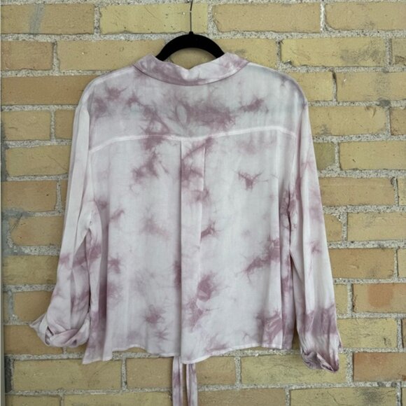 Tribal Pink Button Down Shirt with Tie Front Long Sleeves and Notched Collar - Picture 3 of 3